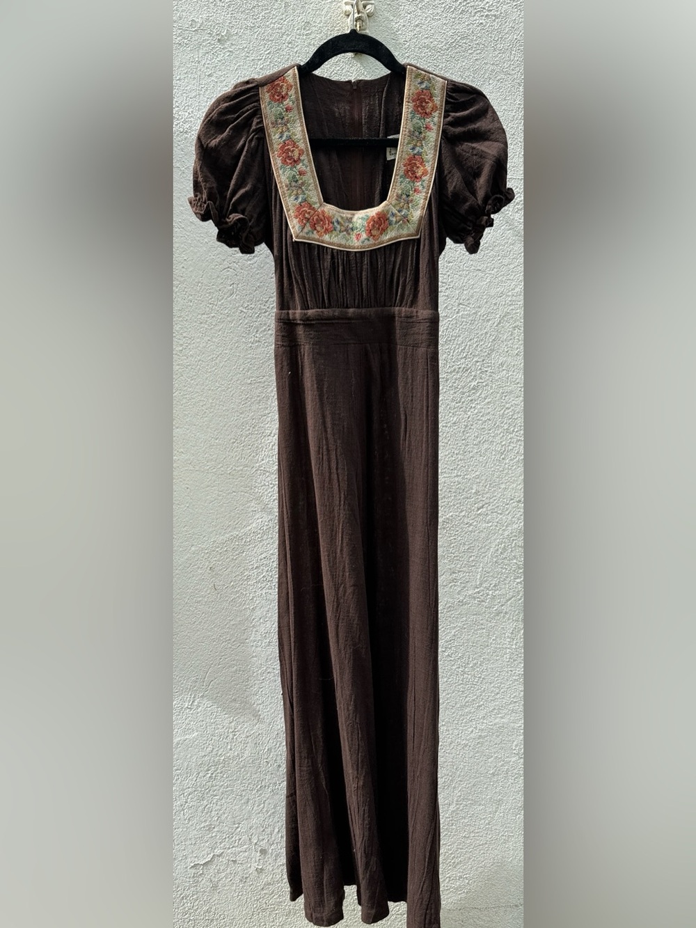 Vintage linen blend Brown floral ribbon border Square Neck Dress